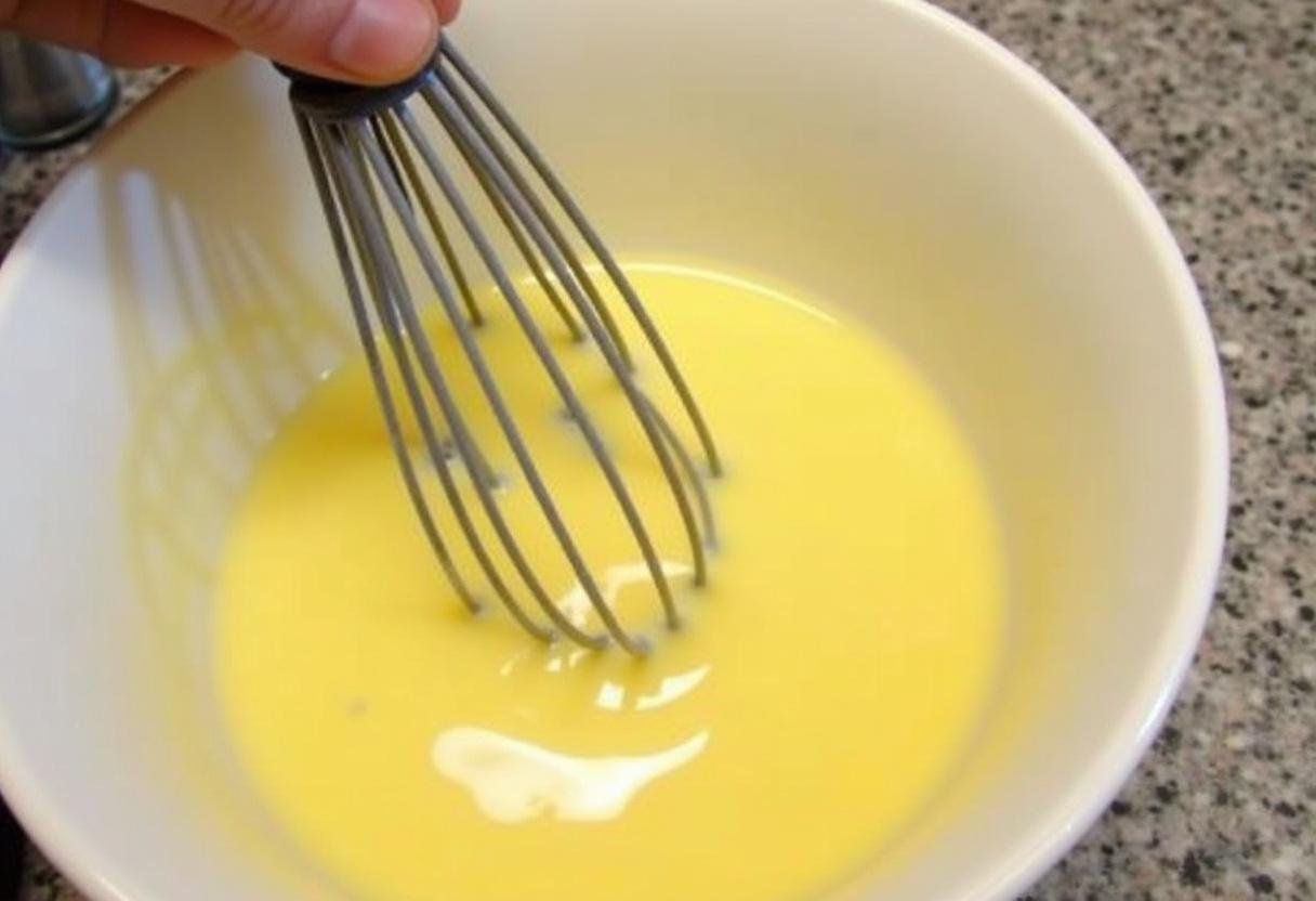 PrĂ©paration de la pĂąte pour le cake aux poireaux, mĂ©lange d'Ćufs, lait et beurre fondu fouettĂ© jusqu'Ă l'onctuositĂ©.
