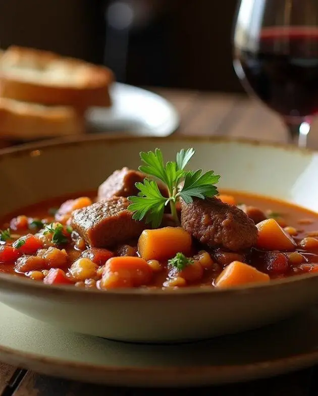Un bol soigneusement dressé de cassoulet Toulousain copieux, garni de persil, accompagné de pain croustillant et d'un verre de vin rouge sur une table rustique.