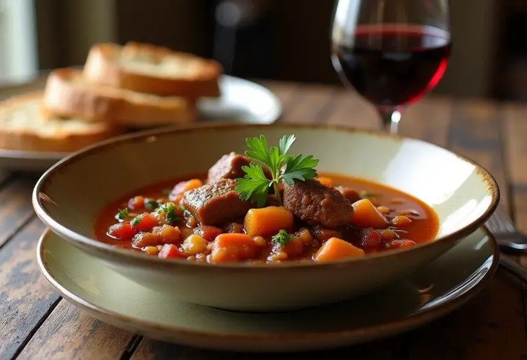 Un bol soigneusement dressé de cassoulet Toulousain copieux, garni de persil, accompagné de pain croustillant et d'un verre de vin rouge sur une table rustique.