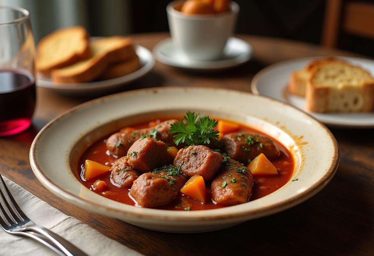 Un bol soigneusement dressé de cassoulet Toulousain copieux, garni de persil, accompagné de pain croustillant et d'un verre de vin rouge sur une table rustique.