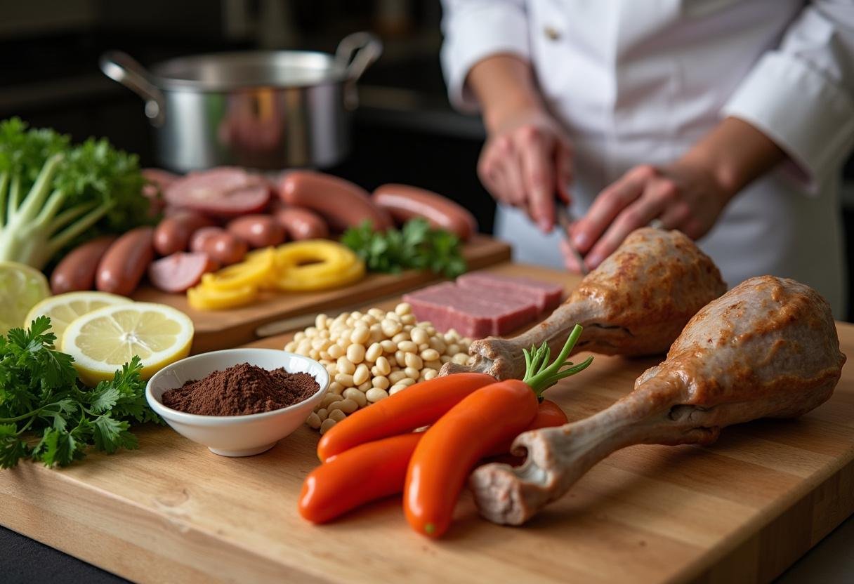 Préparation des ingrédients pour le cassoulet Toulousain copieux, avec saucisses, cuisses de canard, haricots blancs et légumes frais, et poudre de chocolat pour ajouter de la saveur.