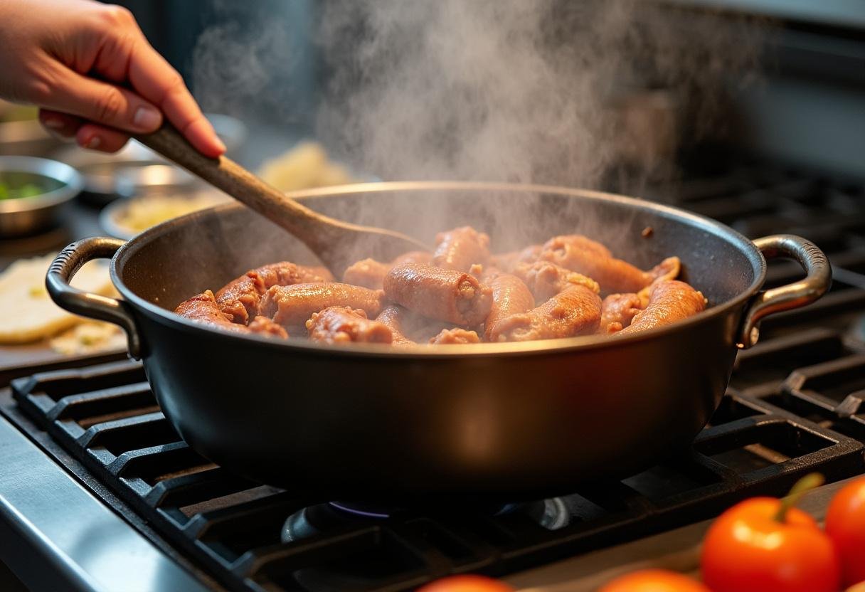 Le chef fait dorer les saucisses et les cuisses de canard dans une grande casserole, dégageant des arÎmes riches et alléchants dans la cuisine.