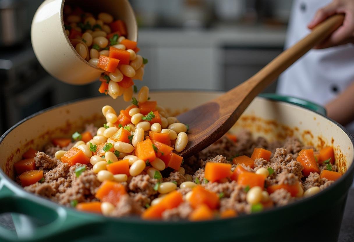 Le chef ajoute des haricots blancs et des légumes hachés dans la casserole aprÚs avoir fait dorer les viandes, créant une belle combinaison colorée.