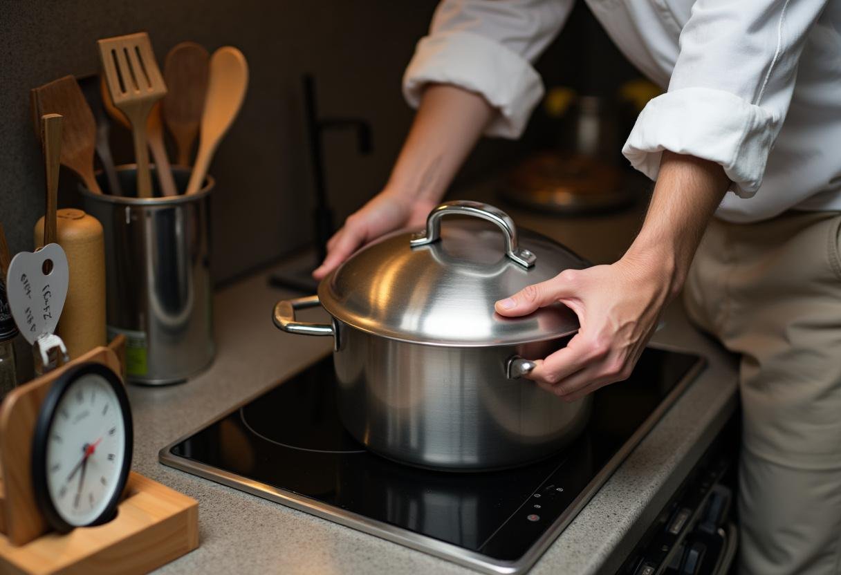 Le chef couvre la casserole et la met au four, avec des ustensiles de cuisine à proximité et un minuteur indiquant le début de la cuisson lente.
