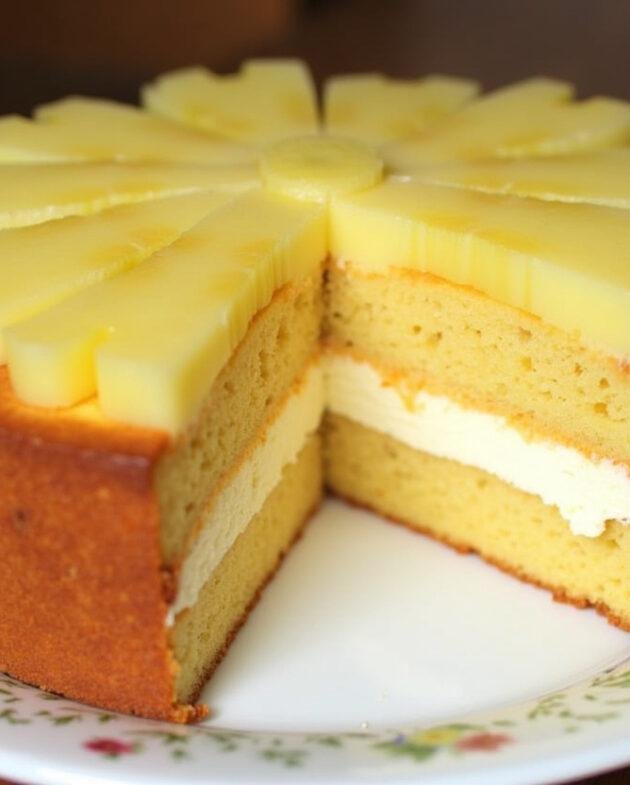 Présentation de la charlotte aux Ananas terminée sur une assiette décorative, illustrant une recette fruitée et légère, parfaite pour un dessert d'été.