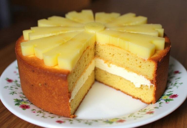 Présentation de la charlotte aux Ananas terminée sur une assiette décorative, illustrant une recette fruitée et légÚre, parfaite pour un dessert d'été.