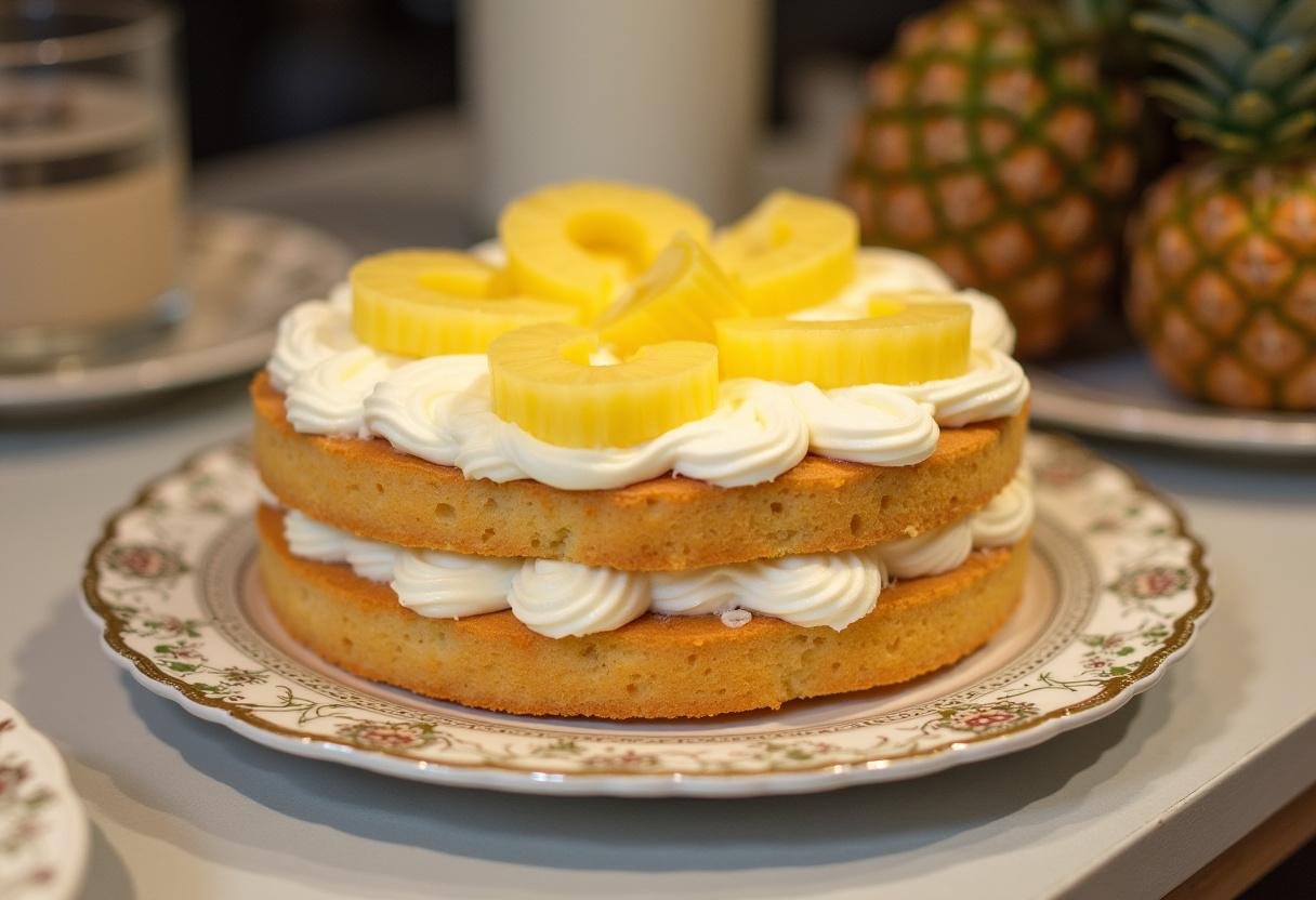 Présentation de la charlotte aux Ananas terminée sur une assiette décorative, illustrant une recette fruitée et légÚre, parfaite pour un dessert d'été.