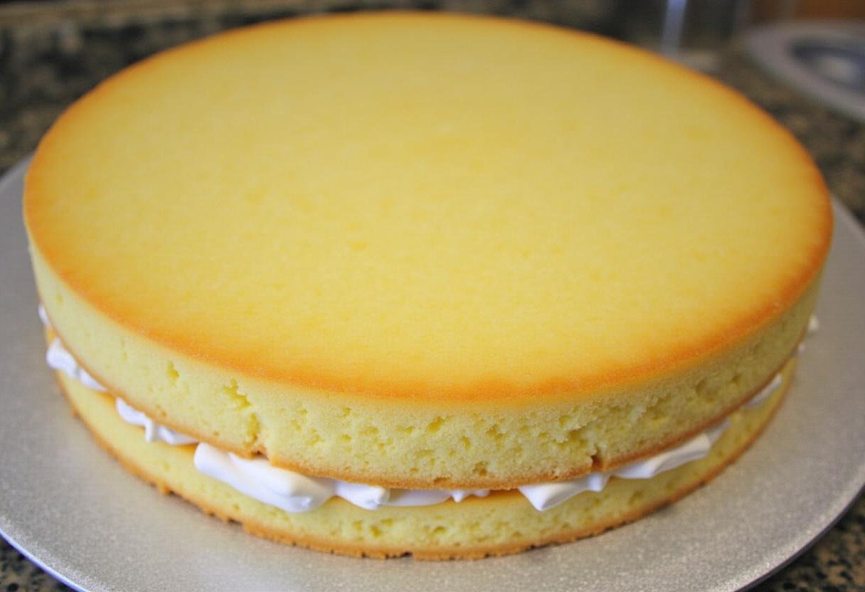 PrĂ©paration des couches de gĂąteau Ă©ponge pour la recette Charlotte aux Ananas, avec des Ćufs et du sucre fouettĂ©s jusqu'Ă lĂ©gĂšre et moelleuse.