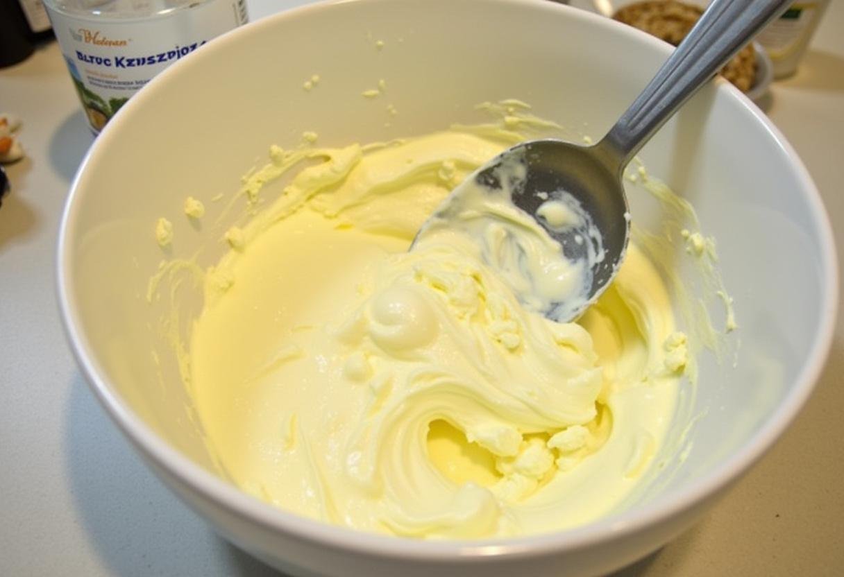 Préparation de la garniture crémeuse avec du fromage frais, de la crÚme fouettée et de l'ananas écrasé, une étape clé de la recette Charlotte aux Ananas.