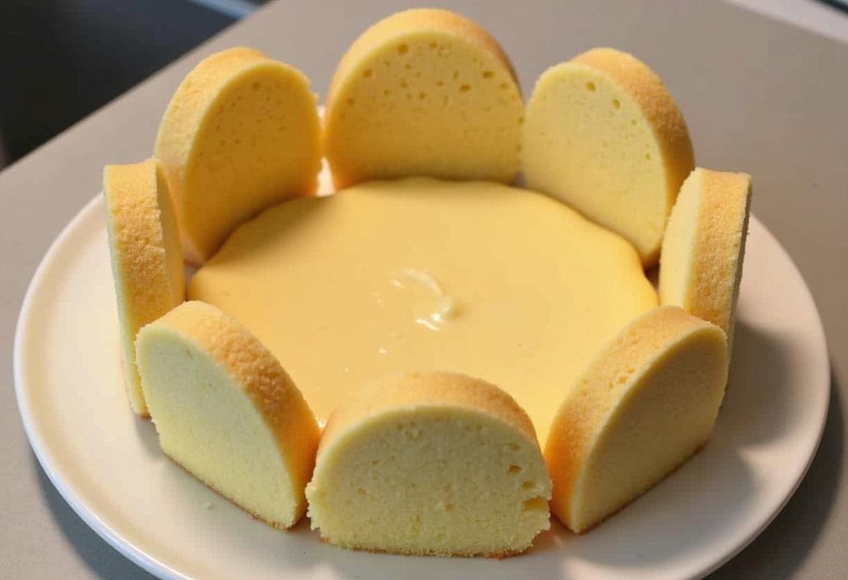 Assemblage de la charlotte avec des tranches de gùteau éponge et la garniture crémeuse, une étape essentielle pour la recette de charlotte facile et fruitée.