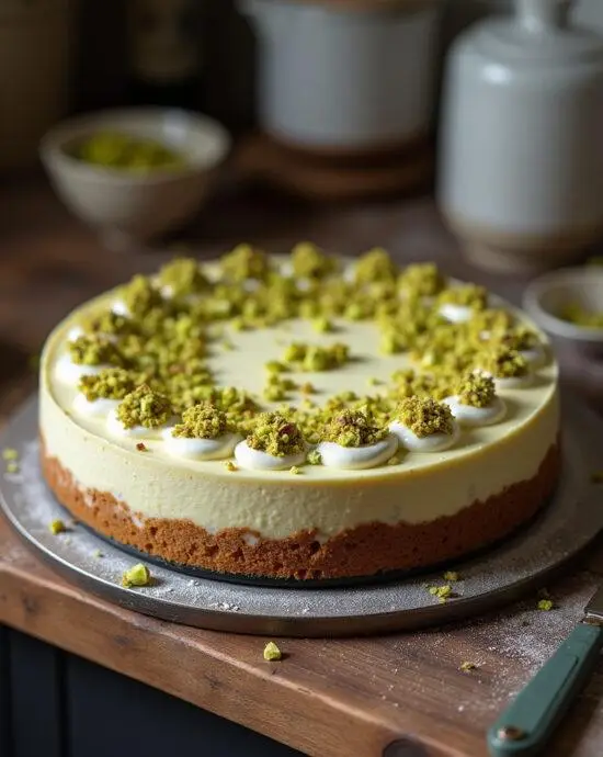 Cheesecake pistache intense et gourmand en train de refroidir, décoré de pistaches écrasées, mettant en valeur sa délicieuse texture.