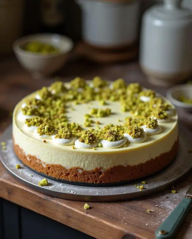 Cheesecake pistache intense et gourmand en train de refroidir, décoré de pistaches écrasées, mettant en valeur sa délicieuse texture.