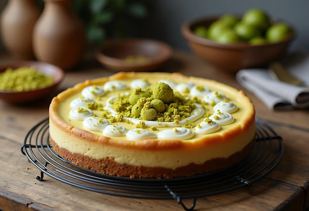 Cheesecake pistache intense et gourmand en train de refroidir, décoré de pistaches écrasées, mettant en valeur sa délicieuse texture.
