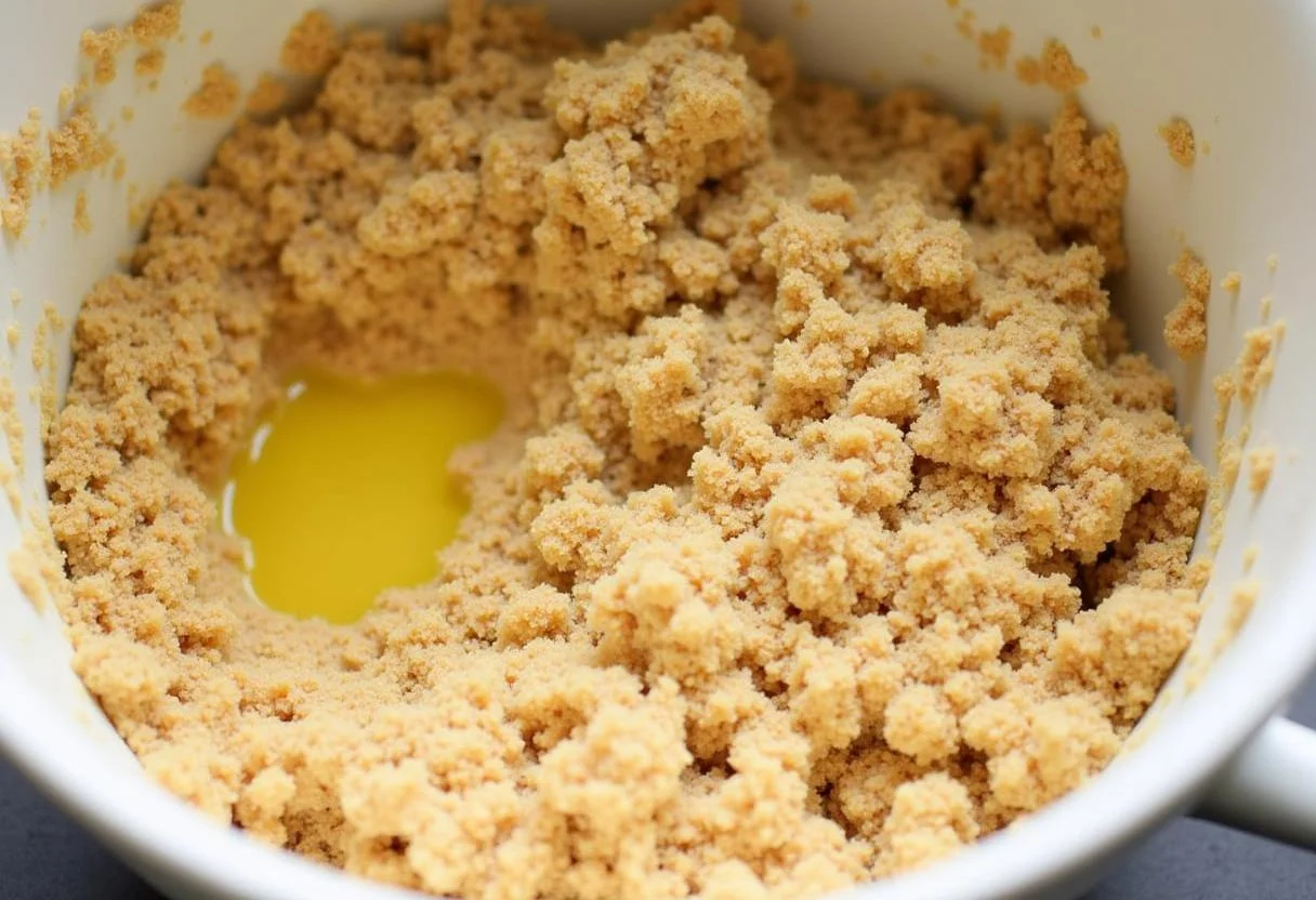 Bowl de mélange avec des biscuits Graham écrasés, du beurre fondu et du sucre pour faire une croûte de cheesecake pistache.
