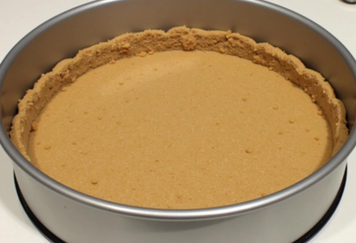 CroĂ»te de cheesecake pistache bien pressĂ©e au fond d'un moule Ă charniĂšre, prĂȘte Ă ĂȘtre cuite.