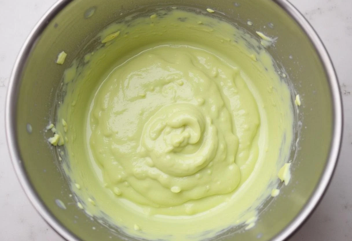 Mélanger le fromage à la crÚme, le sucre et la pùte de pistache pour une garniture de cheesecake pistache lisse et crémeuse.