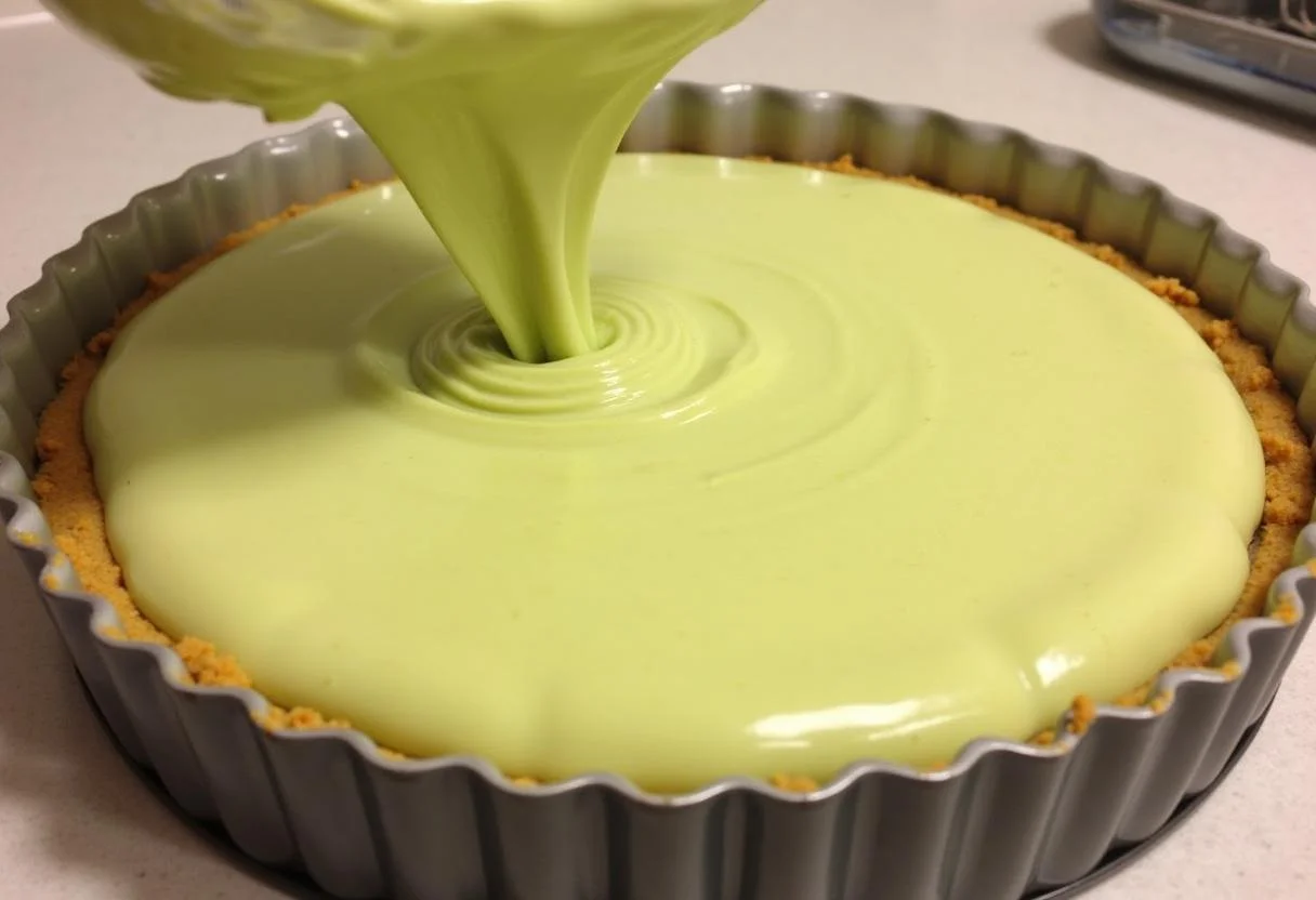 MĂ©lange de cheesecake pistache versĂ© uniformĂ©ment sur la croĂ»te cuite, prĂȘt Ă ĂȘtre cuit au four.