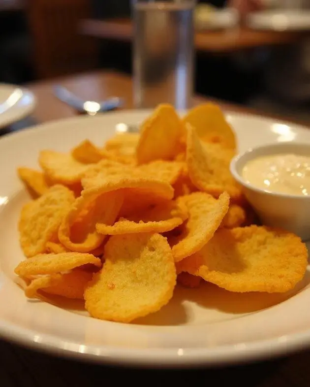 Présentation finale des chips au fromage maison: assiette de chips au fromage croustillantes et sauce à tremper, parfaite pour un apéritif.
