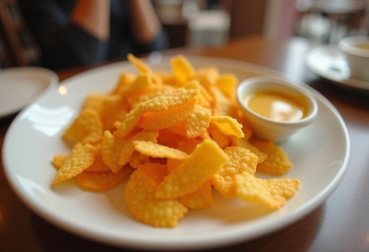 Présentation finale des chips au fromage maison: assiette de chips au fromage croustillantes et sauce à tremper, parfaite pour un apéritif.