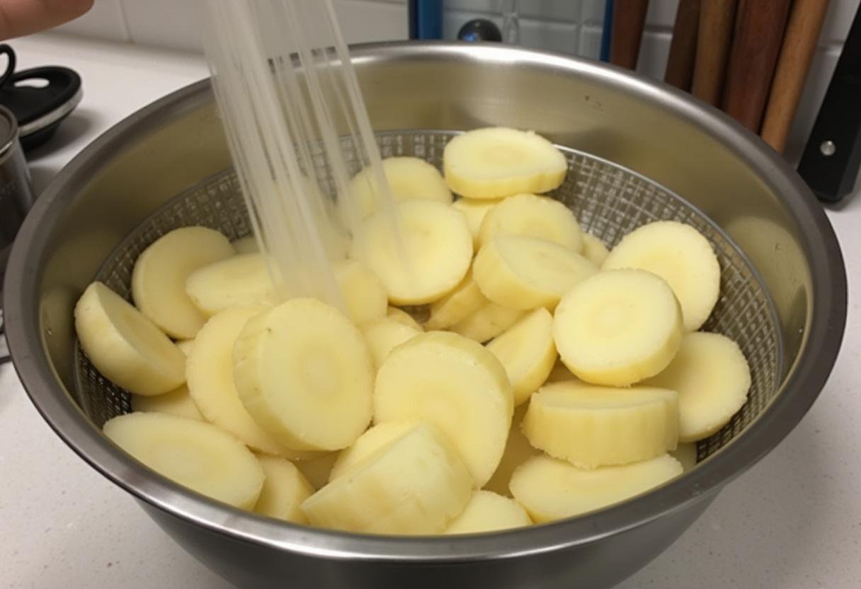 Préparation des chips au fromage: tranches de pommes de terre lavées prêtes pour la recette de chips au fromage maison.