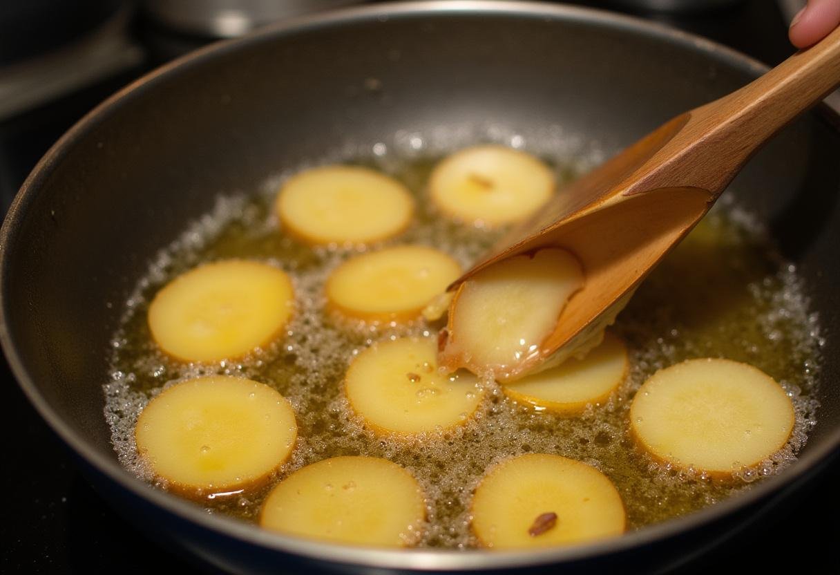 Friture des chips au fromage: tranches de pommes de terre dorées dans l'huile chaude pour des chips au fromage croustillantes.