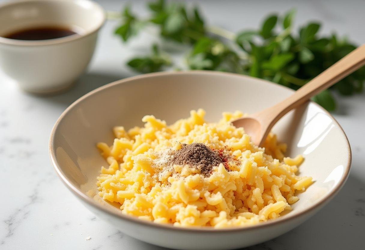 Mélange de fromage pour chips au fromage: fromage râpé et épices en préparation pour les chips au fromage maison croustillantes.