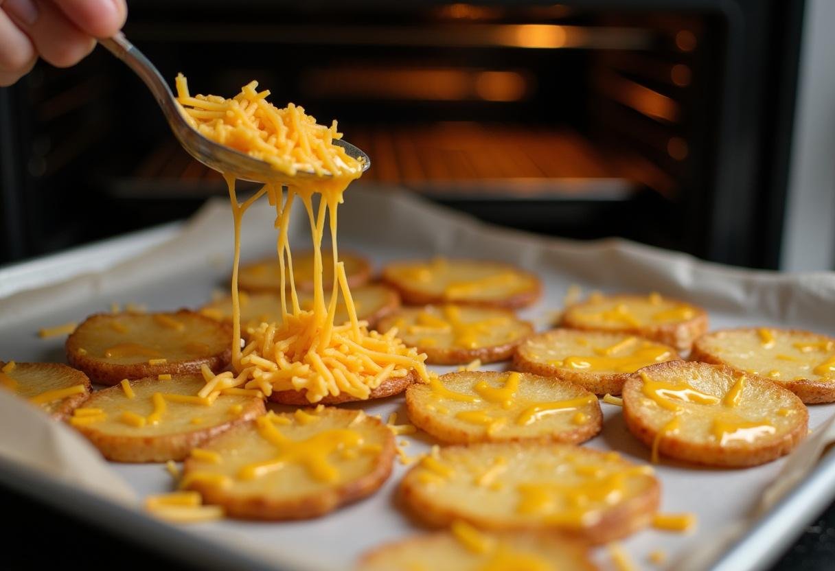 Assemblage des chips au fromage: pommes de terre frites assaisonnées de fromage sur une plaque de cuisson prête à être cuites au four.