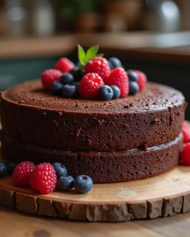 Gâteau chocolat sans sucre fini, présenté avec des baies dans une cuisine chaleureuse.