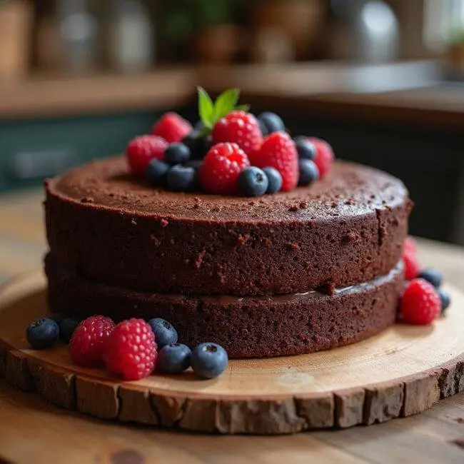 Gâteau chocolat sans sucre fini, présenté avec des baies dans une cuisine chaleureuse.