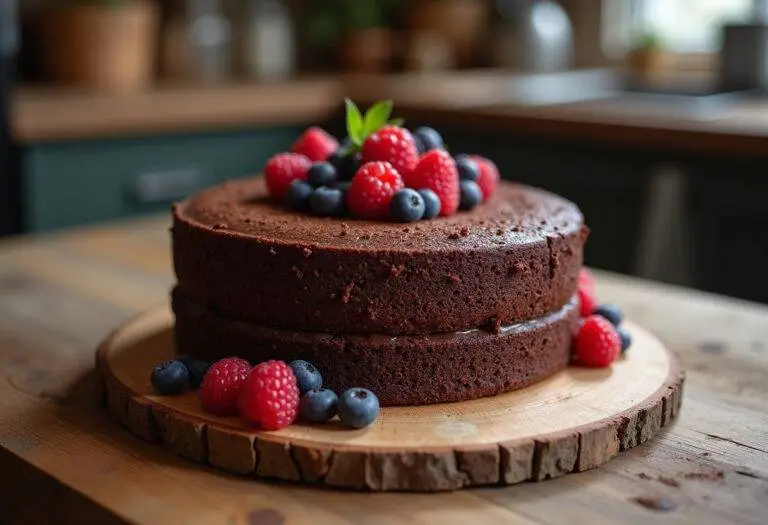 Gâteau chocolat sans sucre fini, présenté avec des baies dans une cuisine chaleureuse.