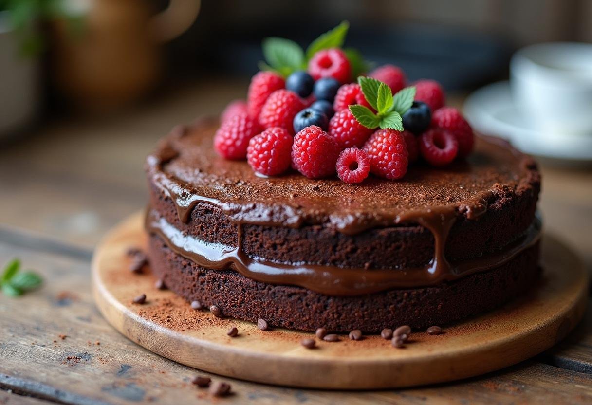 Gâteau chocolat sans sucre fini, présenté avec des baies dans une cuisine chaleureuse.
