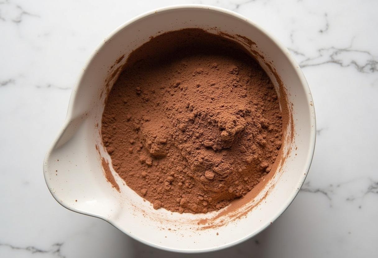 Mélanger de la poudre de cacao non sucrée, de la farine d'amande et un substitut de sucre pour une recette chocolat sans sucre.