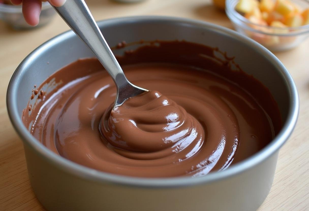 Verser la pâte chocolat dans un moule graissé pour cuire un gâteau chocolat sans sucre.
