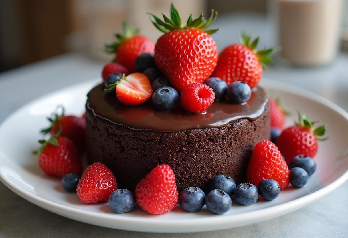 Faire refroidir le gâteau chocolat sans sucre avant de le décorer avec des baies fraîches.