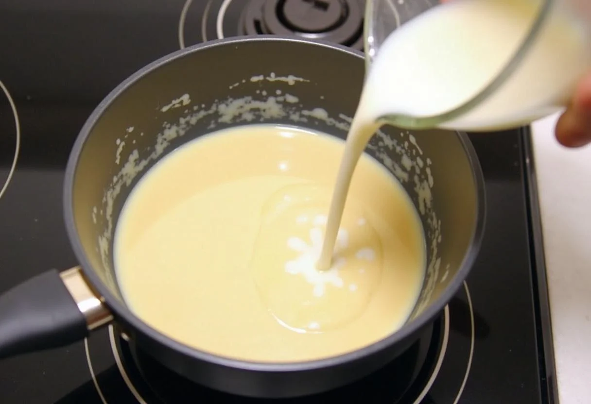 Ajouter lentement du lait et une pincée de sel à la préparation de chocolat en poudre pour obtenir une consistance lisse.