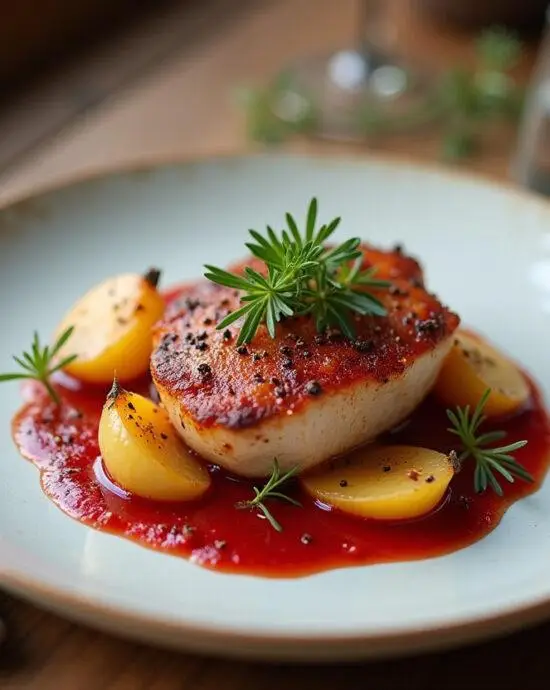 Chou rouge aux pommes caramélisées joliment présenté dans une assiette, prêt à être dégusté sur une table rustique.