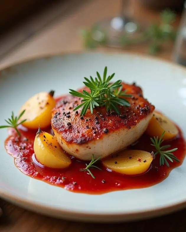 Chou rouge aux pommes caramélisées joliment présenté dans une assiette, prêt à être dégusté sur une table rustique.