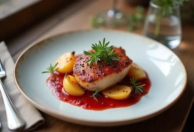 Chou rouge aux pommes caramélisées joliment présenté dans une assiette, prêt à être dégusté sur une table rustique.