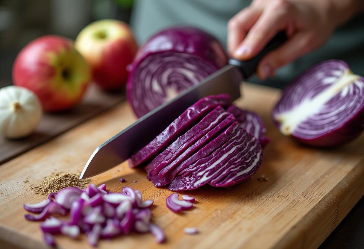 Préparation de chou rouge aux pommes, tranchage du chou rouge sur une planche à découper en bois avec des ingrédients frais à proximité.
