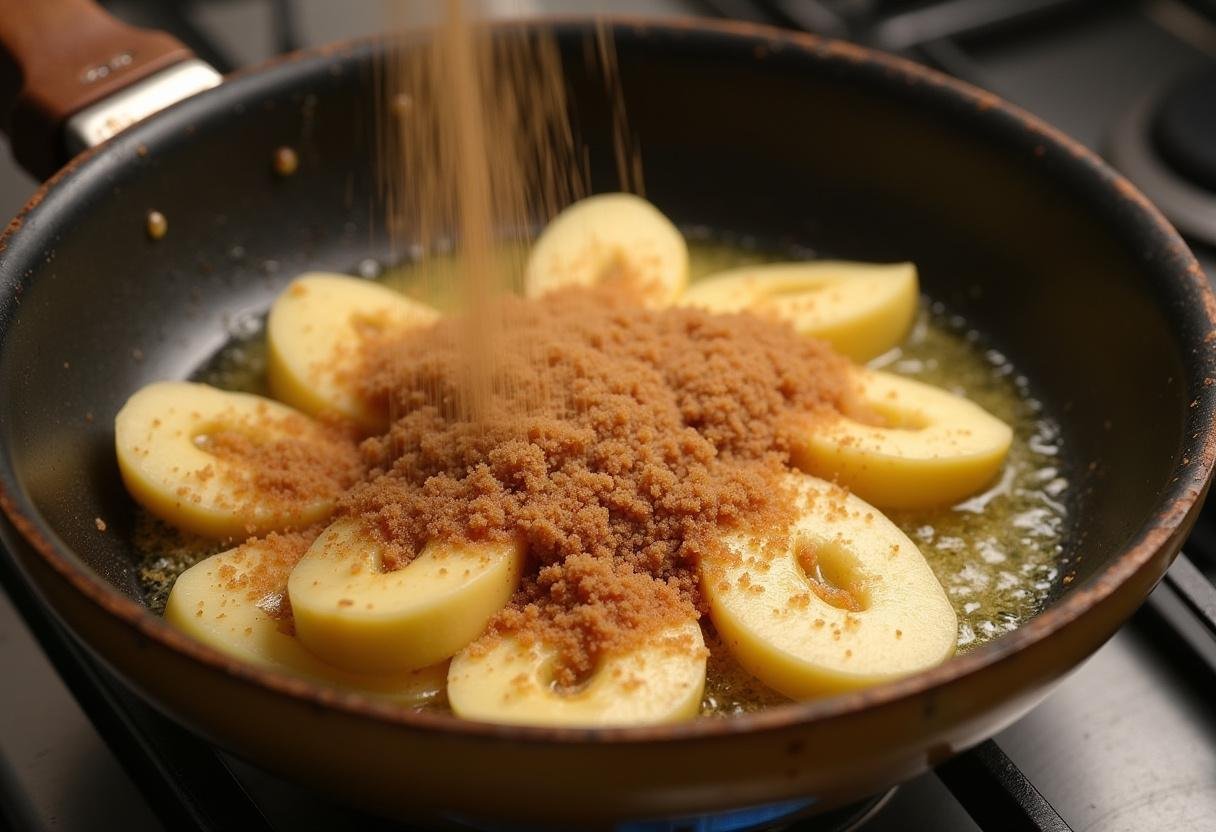 Cuisson des pommes pour le chou rouge aux pommes, les tranches de pommes fondent dans le beurre avec du sucre brun pour une délicieuse caramélisation.