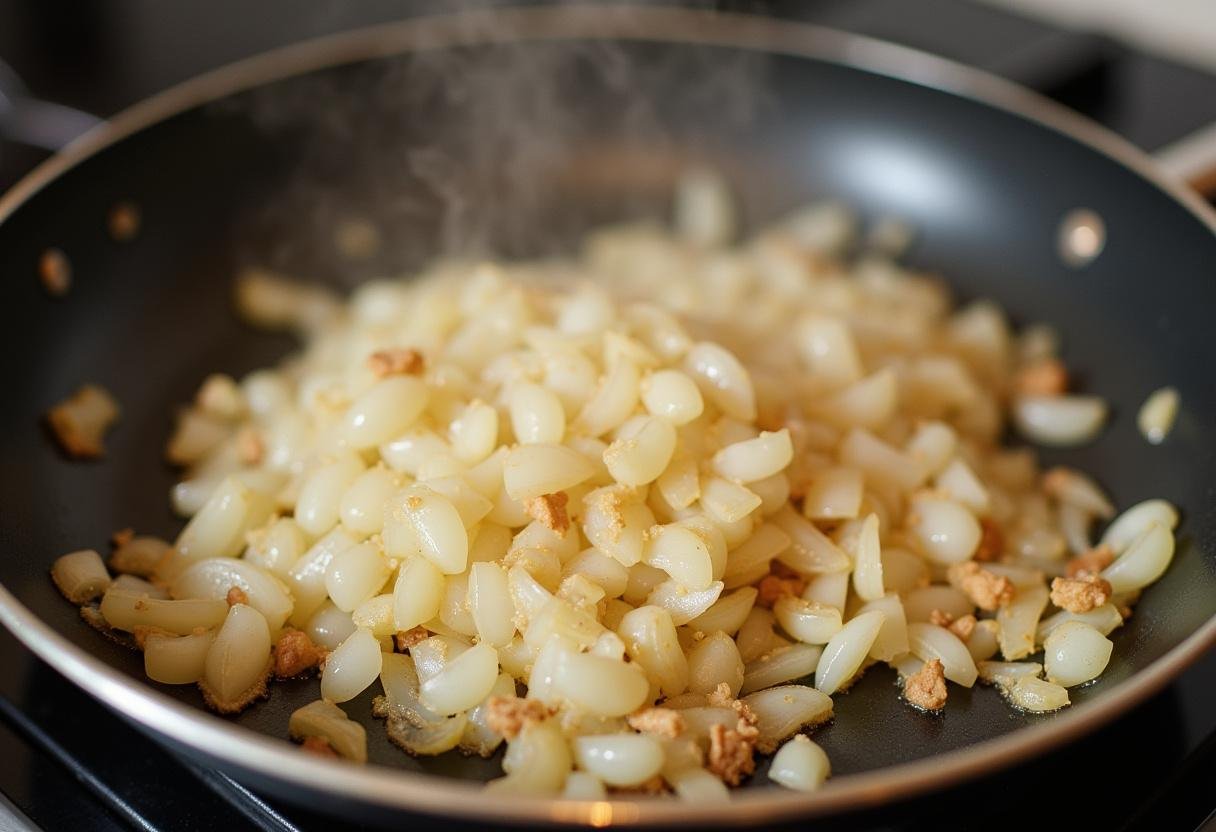 Sauter des oignons dans la poêle pour le plat de chou rouge aux pommes, montrant une belle coloration dorée et une vapeur en émanation.