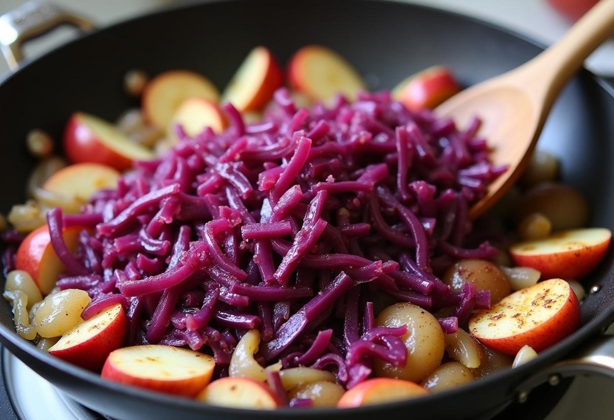 Mélange de chou rouge, pommes caramélisées et oignons dans la poêle, créant un plat coloré et appétissant prêt à servir.