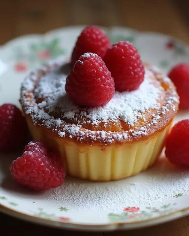 Clafoutis léger et fruité aux framboises présenté sur une assiette vintage, saupoudré de sucre glace avec des framboises fraîches en décoration.