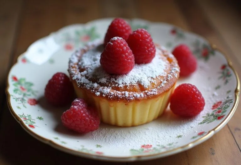 Clafoutis léger et fruité aux framboises présenté sur une assiette vintage, saupoudré de sucre glace avec des framboises fraîches en décoration.