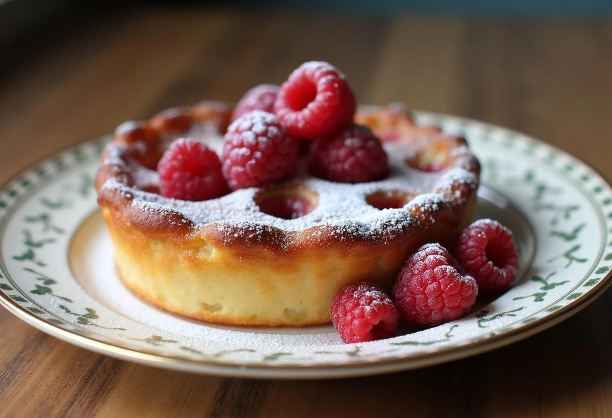 Clafoutis léger et fruité aux framboises présenté sur une assiette vintage, saupoudré de sucre glace avec des framboises fraîches en décoration.