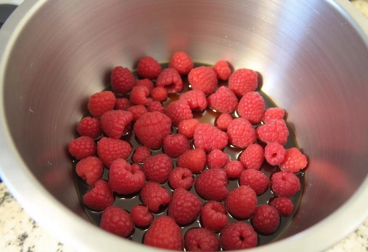 Préparation de framboises pour clafoutis à la framboise avec du sucre sur un plan de travail en bois.
