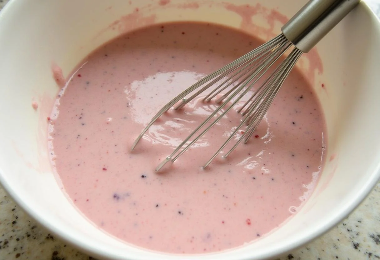 Mélange de pâte à clafoutis aux framboises dans un bol en verre sur une table de cuisine bien éclairée.