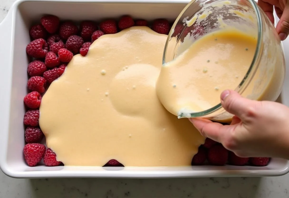 Verser la pâte à clafoutis avec des framboises dans un plat en céramique beurré sur un plan de cuisine d’une maison.