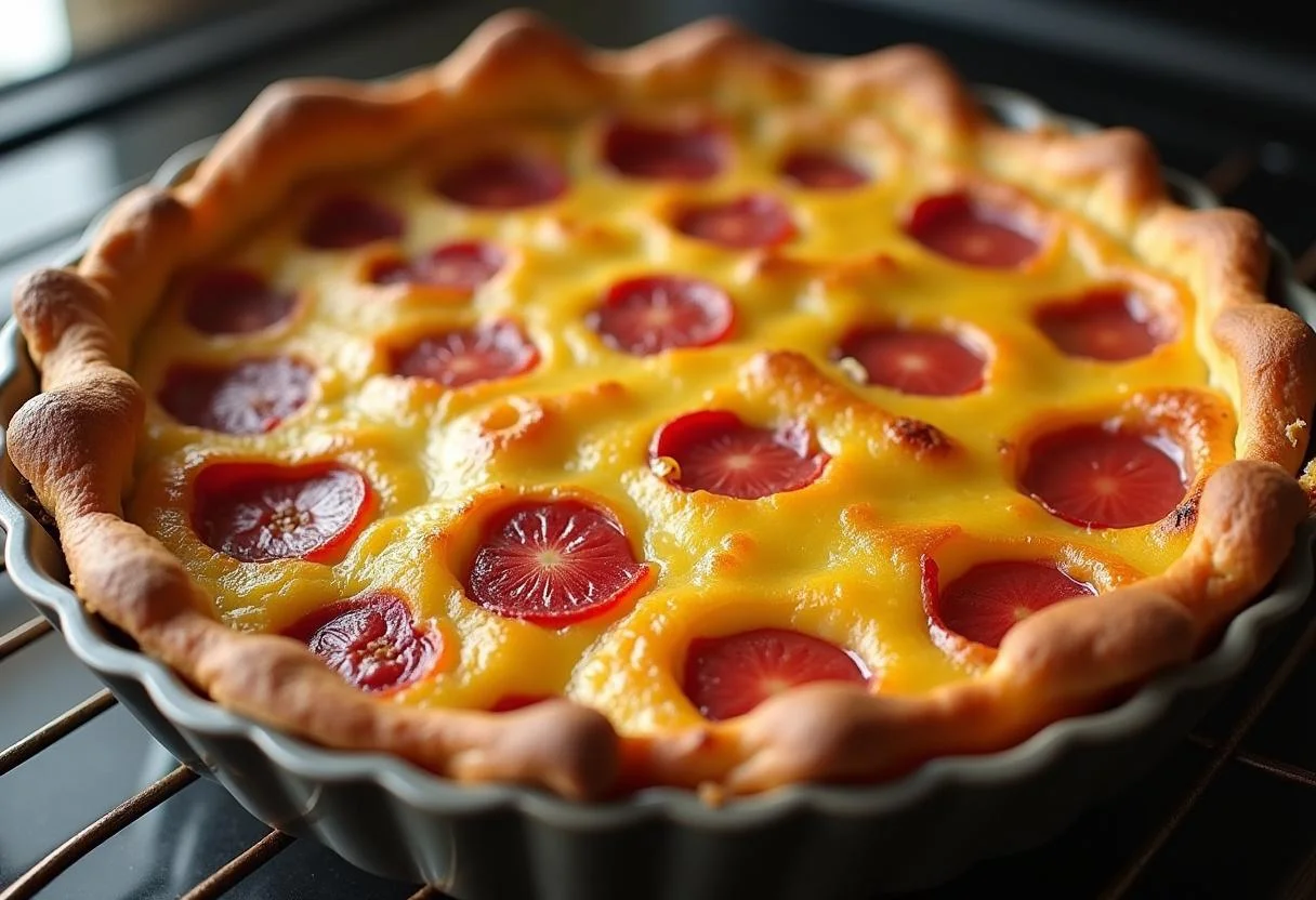 Clafoutis aux framboises en train de cuire au four, avec une belle croûte dorée et parfum agréable se diffusant dans la cuisine.
