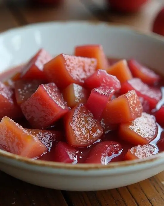 Compote pomme rhubarbe maison servie dans un plat rustique sur une table en bois, mettant en valeur sa texture brillante.